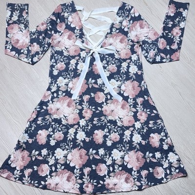 BCX Womens Medium Floral Mini Dress Blue Pink Cottagecore Lace Up Back Fit Flare