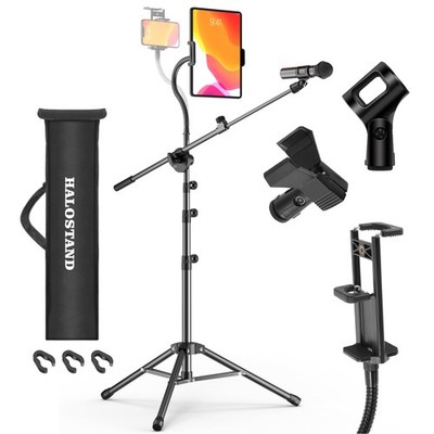 Microphone Stand with IPAD Clip, Floor Foldable Clip + Gooseneck, Black