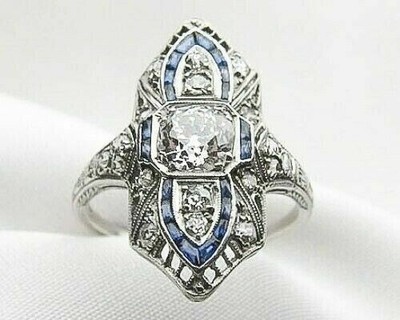 Vintage Art Deco Lab Created Diamant & Saphir Ehering 14K Weißgold FN Ring