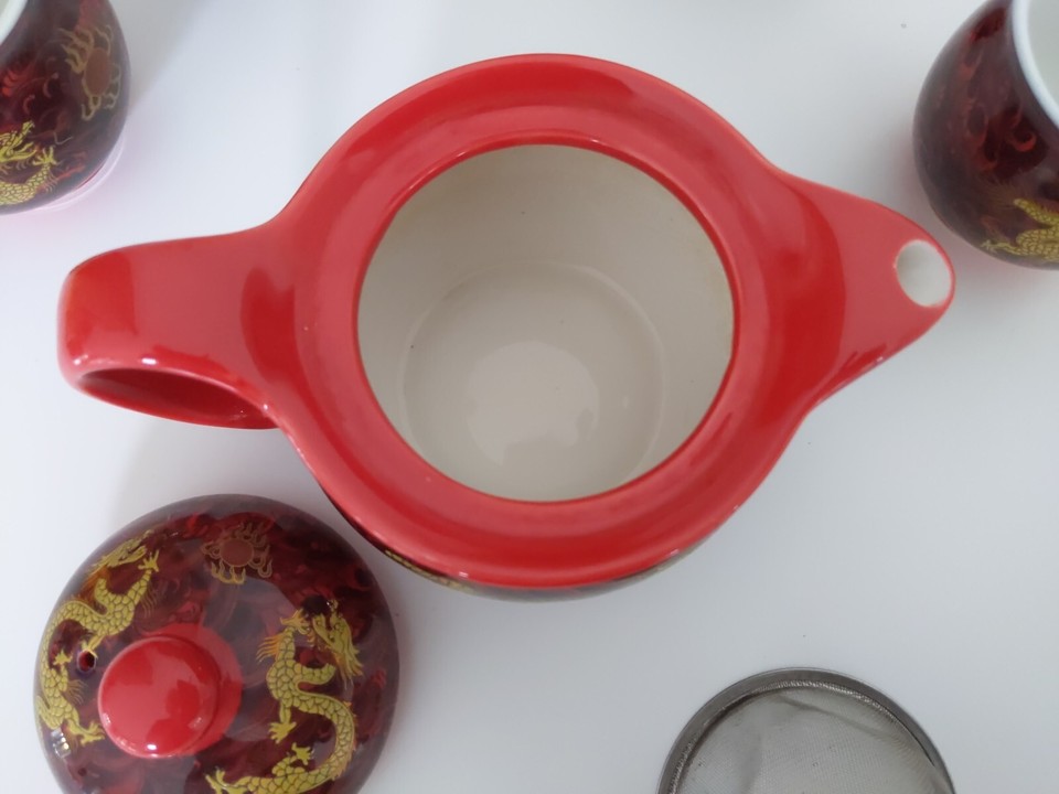 Chinese Tea Set Gold Red Dragons Design 4 Cups sake eBay