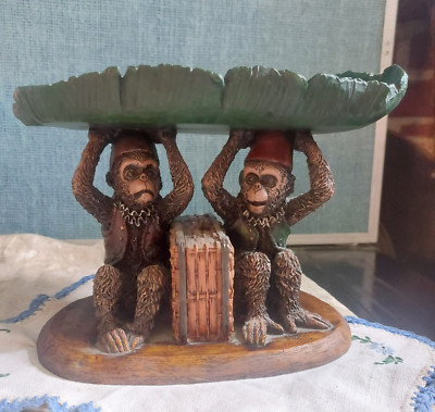 Vtg Denzine Monkey's sculpture Holding Banana Leaf Tray Handpainted 1999