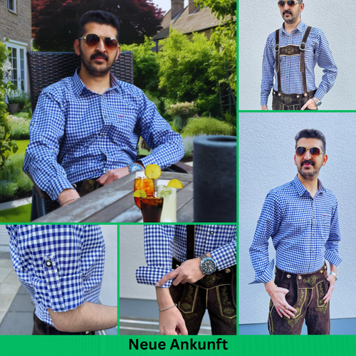 Trachtenhemd Herren Trachtenshirt Kariertes Oktoberfest Hemd Herren Blau/Rot - Bild 3 von 14