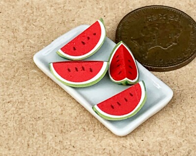 Dolls House Fruit Water Melon Quarters (4) Medium On A Dish 1:12 Scale tumdee
