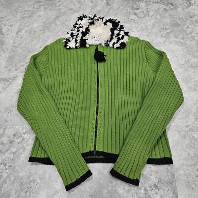 Vintage Michael Simon Womens Cardigan Large Green Ribbed Fringe Collar Wacky 90s