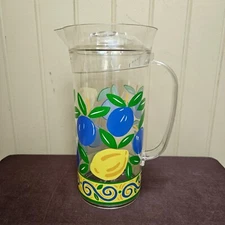 Trudeau Plastic Pitcher 10.5" x 4.5" Multicolor Fruit Lemons Plums with Lid