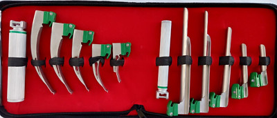 GERMAN LARYNGOSCOPE SET 12PCS INTUBATION BLADES + 2 HANDLE FIBER-OPTIC KIT