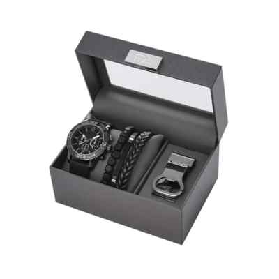 Folio Men's Gift Set; Gunmetal Tone Round Case, Matte Black Dial, Black Silicone