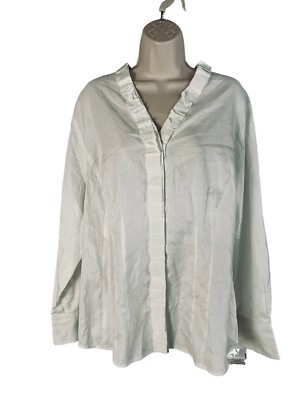 Jones New York Women 2X White Long Sleeve Pleated Front Full Zip Cotton Shirt