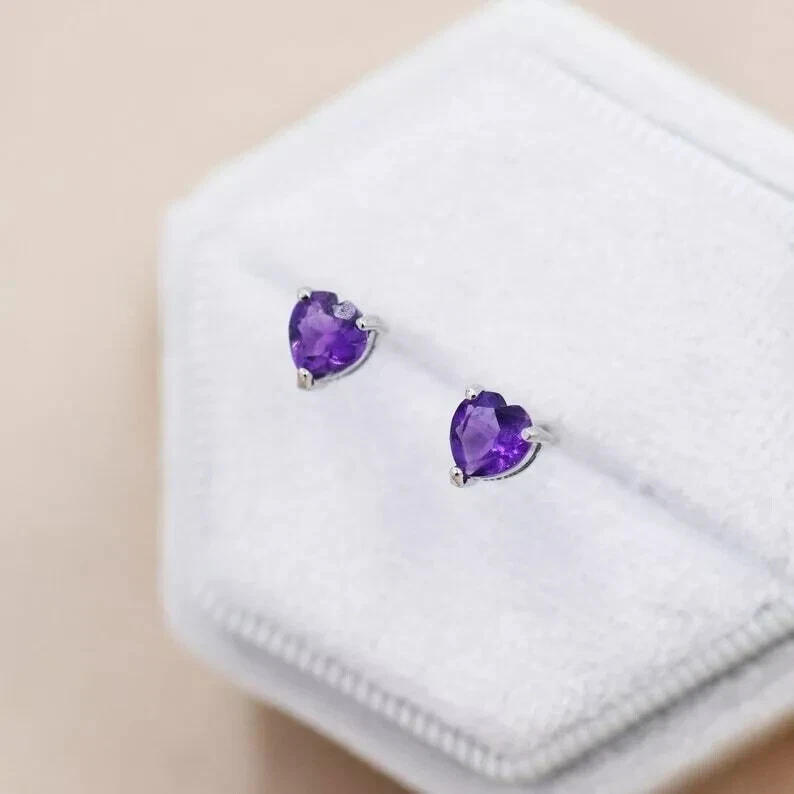 2CT Heart Lab Created Amethyst Diamond Women Stud Earrings 14K White Gold Plated - Image 4 of 4
