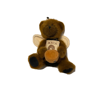 Plush Boyds' BEAR  Dark Brown Pose-able Angel with wings Bee Happy