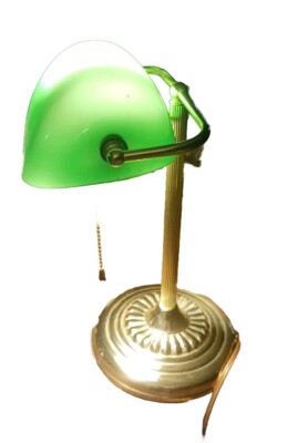 Vintage 70s Bankers Lamp- Green Glass Shade With Brass Lamp