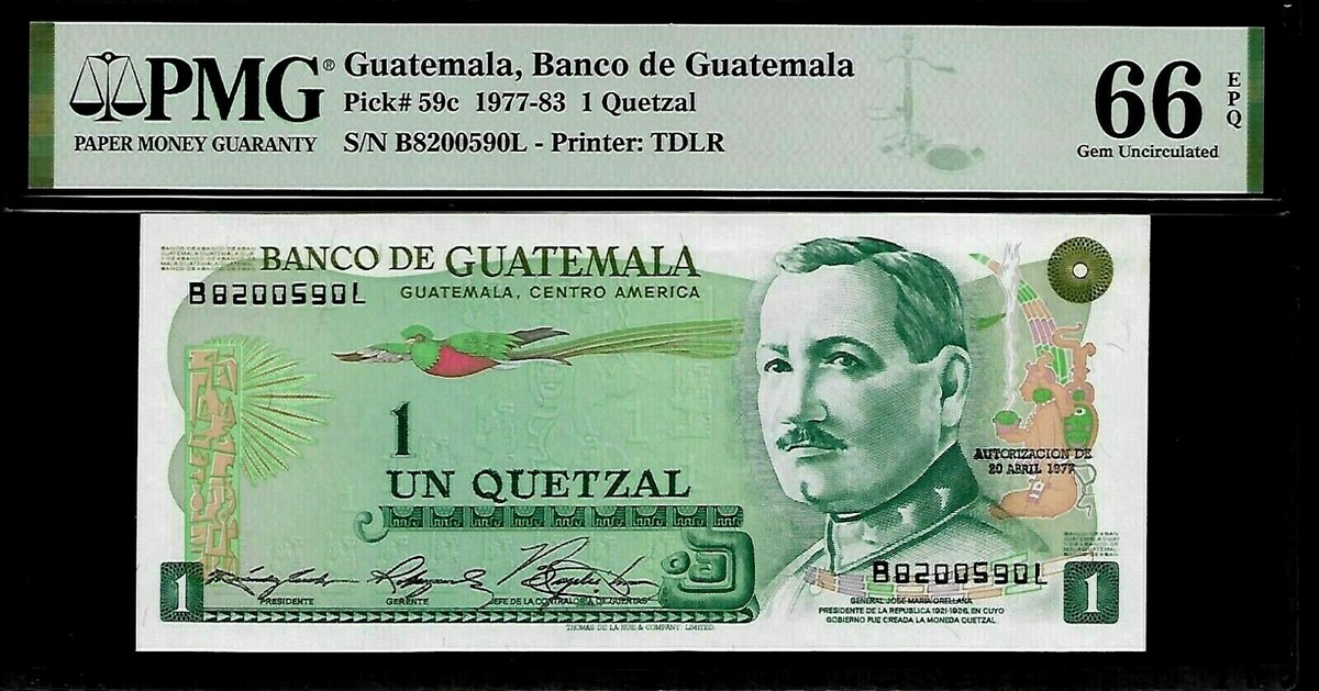 DMC Quetzal ケツァール　Revival Series Guatemala 1 Quetzal 1977 PMG 66 EPQ UNC Pick #59c, Series B