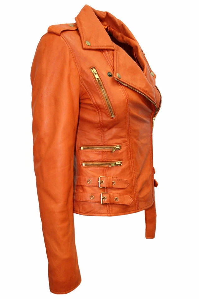 Chaqueta Abrigo Mujer Naranja Piel de Cordero Motociclista Elegante Cuero Real Foto 2 de 4