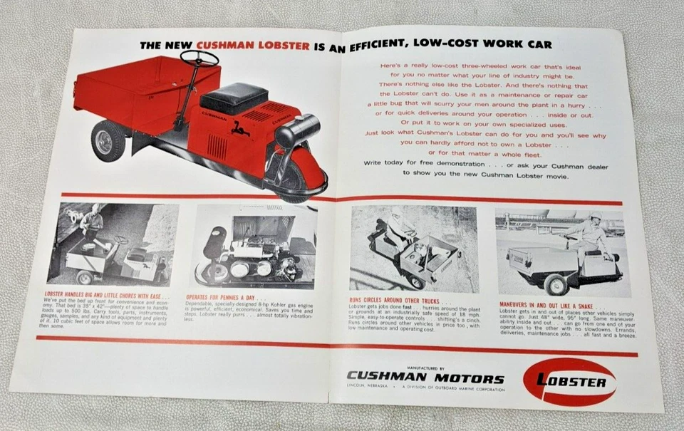 Folleto de ventas vintage de langosta de 3 ruedas Cushman 1966 Foto 2 de 4