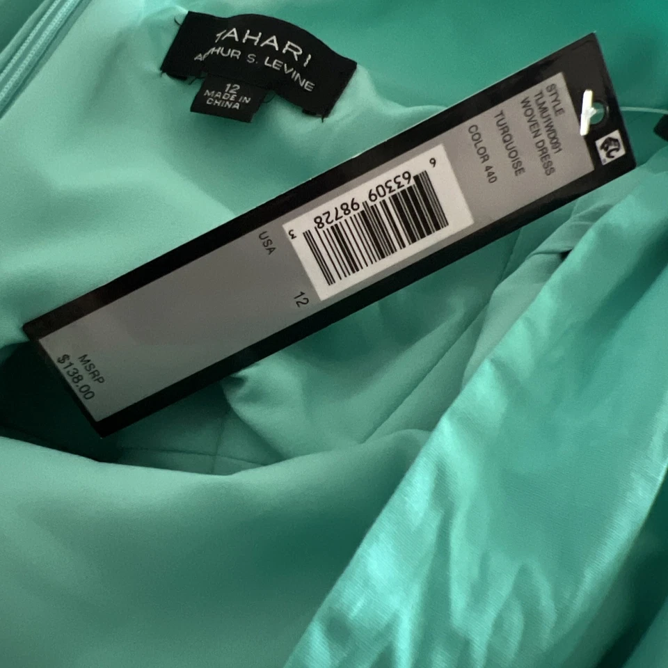 Vestido TAHARI ASL Turquesa Plisado en Niveles Elastizado Algodón Popelina Atado Atrás Cinturón 12 Foto 4 de 4