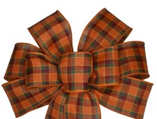Fall Plaid Wired Wreath Bow - Handmade 10" across - Autumn Orange Thanksgiving