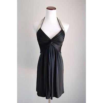 Y2K BCBGMAXAZRIA Halter Mini Dress XS Black Silver Chainmail Cocktail Party LBD