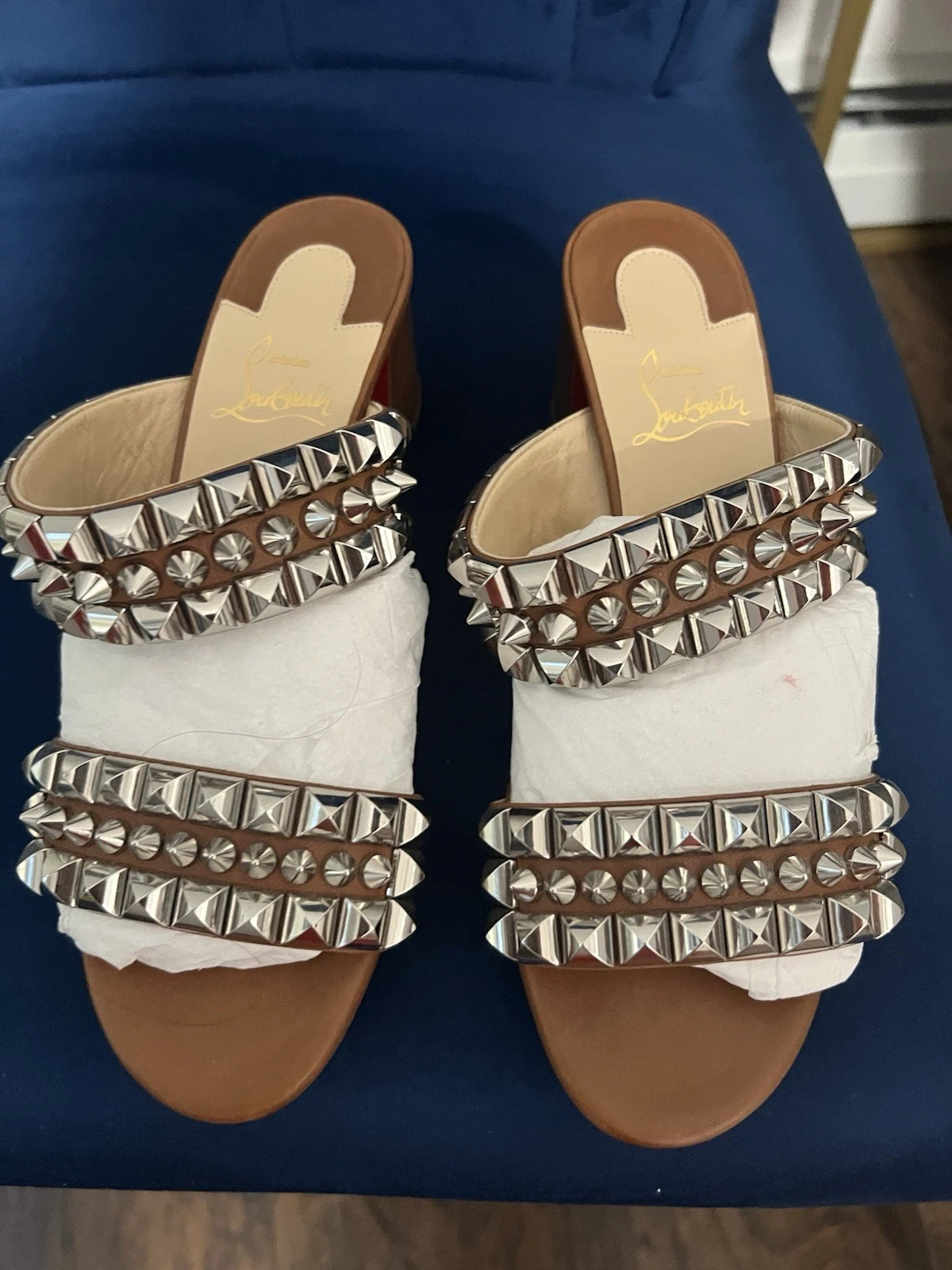 Christian Louboutin — Christian Louboutin Studded Leather Slip-On Sandals Brown Silver US 7.5