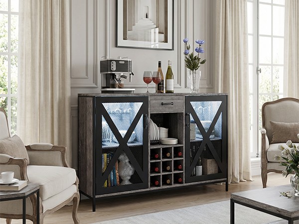 Wooden Wine Cabinet, Vintage Wood Bar Storage Cabinet+Drawer Wine Bottle Display