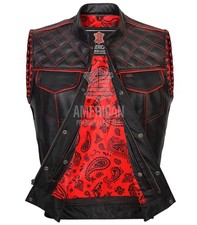Men  s Black Leather Motorcycle Vest Red Diamond Stitch Side Lace Concealed Carry