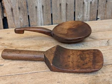 2 Antique Primitive Carved Wooden Butter Paddles Scoop