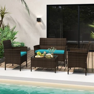 4 Piece Patio Rattan Conversation Set Wicker Furniture Set w/ Chair Loveseat