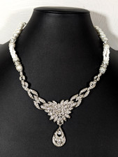 Bridal Statement Necklace Rhinestone Faux Pearl Charm Glam Evening Sparkle 17 in
