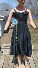 VTG 50s Black Silk Taffeta Cocktail Party Dress Blue Waist Corsage XS 32B