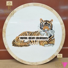 Weißer Marmor Inlay Tischplatte Pietra Dura Tiger Design Rund Beistelltisch 61cm