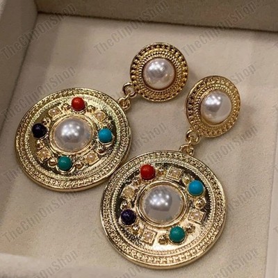 CLIP ON 30mm Scheibe RETRO OHRRINGE groß 80er 90er Stil Vintage GOLD Perle MEHRERE STEINE