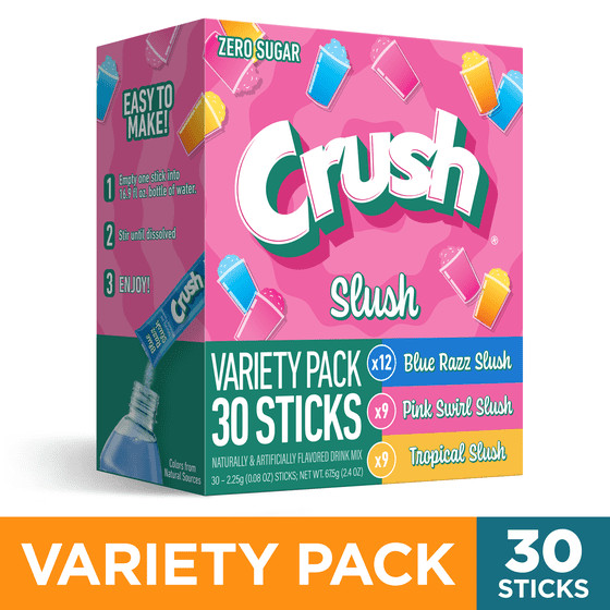 Crush Slush Powder Drink Mix Variety Pack, Blue Razz, Pink Swirl & Tropical, 30