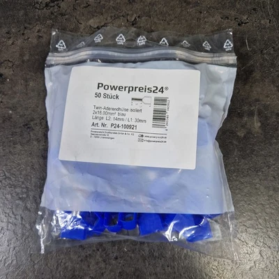 POWERPREIS24® 50 Stück Twin-Aderendhülsen isoliert 2x16,0 mm² 30/14mm Aderendhülse twin blau