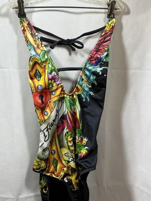 NNT ED Hardy Y2K McBling One Piece Swimsuit Dragon & Cross Halter