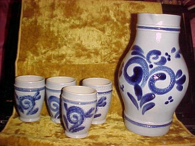 Blue Grey  Stone Ware /Stein Wine Pitcher with 4 Cups 