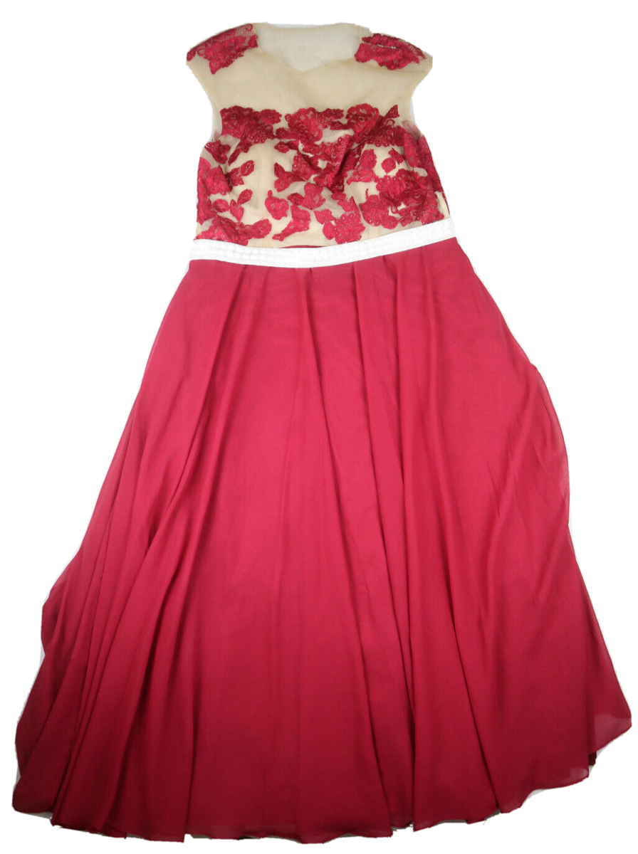 WOMENS RED LACE NUDE ILLUSION LONG A-LINE EVENING GOWN DRESS - SIZE XL |  eBay