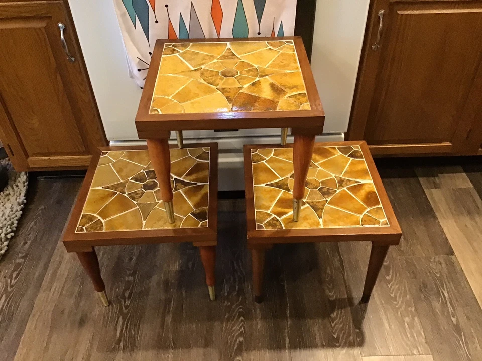 FABULOUS Mid Century Modern Mosaic Tile Teak Wood NESTING TABLES Tapered Leg SET - Image 2 of 4