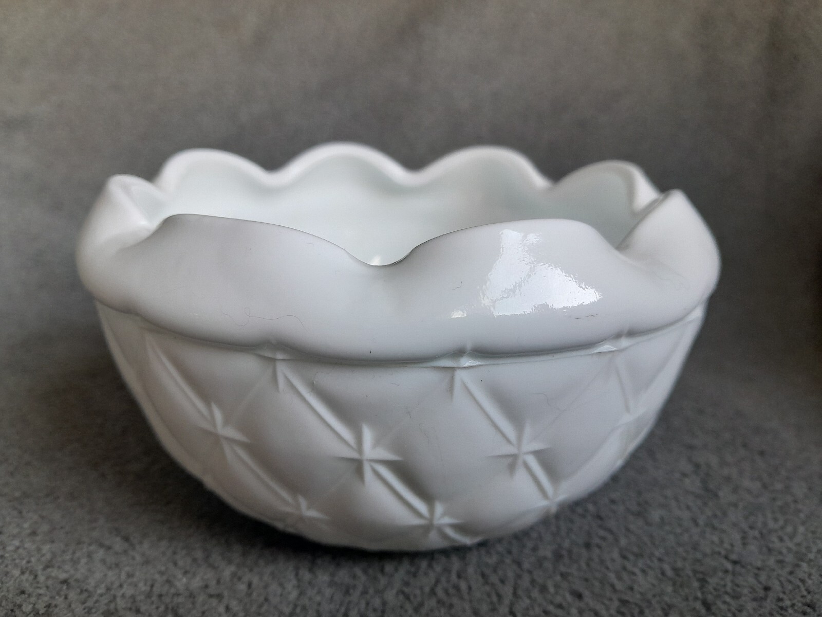 Vintage White Milk Glass Bowl w/ Crimped Edges Diamond Quilted Pattern Rose Bowl
