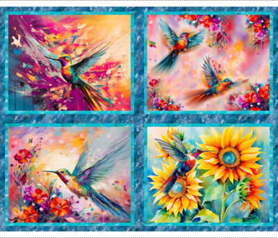 Humminbird Sunflower Fabric 36'' X44'' Panel Humming Bird Bouquet Cotton 3 Wishes