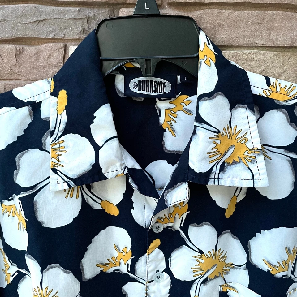 Camisa Aloha Hawaiana Tropical Grande Tiki Burnside Estampado Floral Botón Foto 3 de 4
