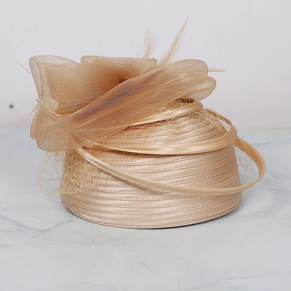 Champagne Fascinator Hat Women Satin Cloth Formal Church Hats Women With Veil - Image 4 of 4