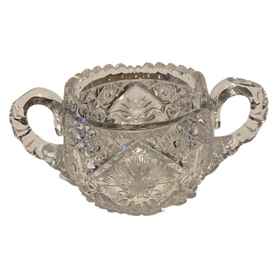 AMERICAN BRILLANT SUGAR Bowl Dish CUT GLASS 2 HANDLE ANTIQUE HOBSTARS FANS