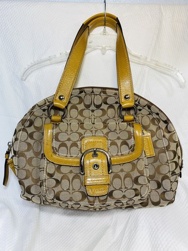 Coach Signature Brown Canvas Leather Buckle Pocket Domed Satchel Shoulder Bag