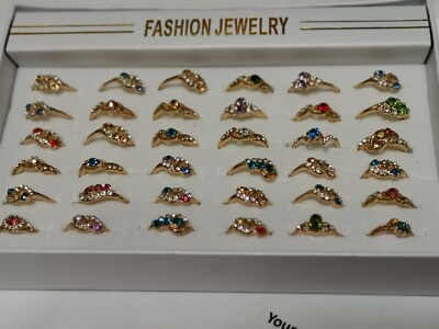 36 x New Fashion Mixed New Woman Stoned Czech Rhinestone Gold Plated Rings Gift