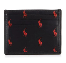NWT Polo Ralph Lauren Smooth Black Leather RED PONY LOGO Card Case Wallet BOXED