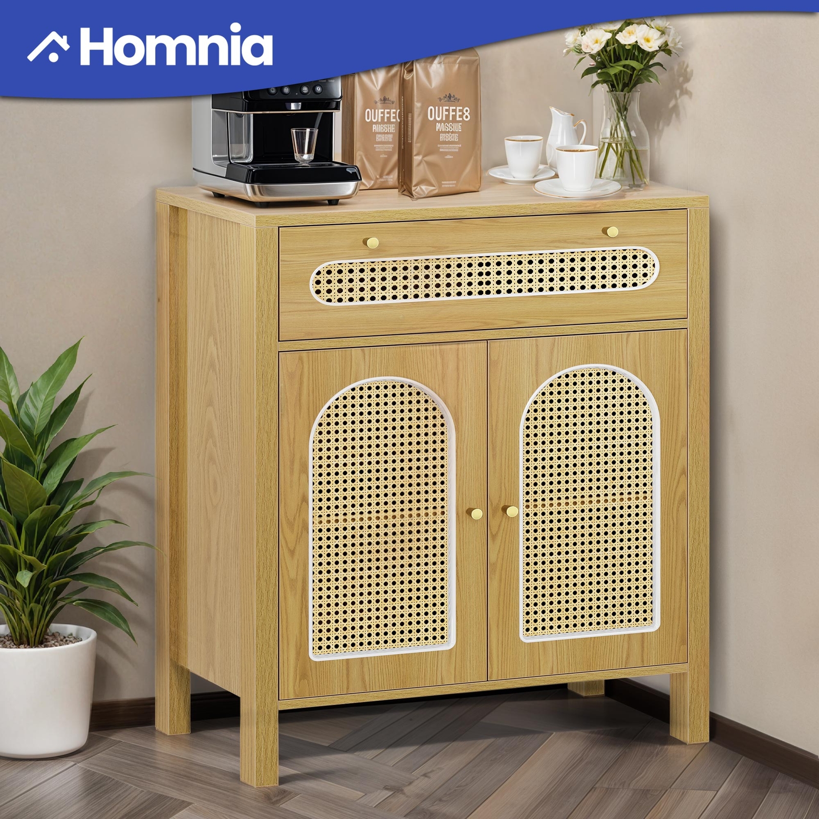 Side Cabinet Oak Furniture 3 Tier Adjustable Shelves & Drawer Storage Organizer