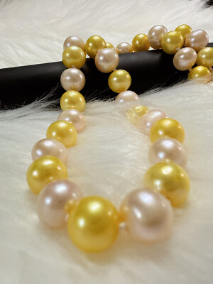AAA 9-10mm Elegant Beautiful pink & yellow  Pearl necklace 14K  18inch  -Y