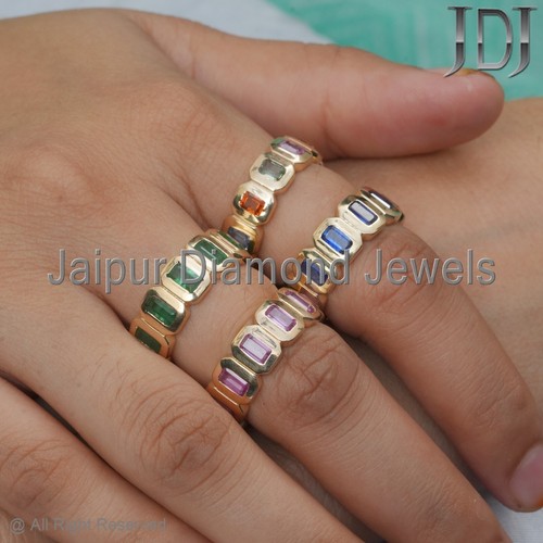 Solid 14k Yellow Gold Band Ring Natural Emerald Gemstone Eternity Ring Jewelry - Picture 19 of 24
