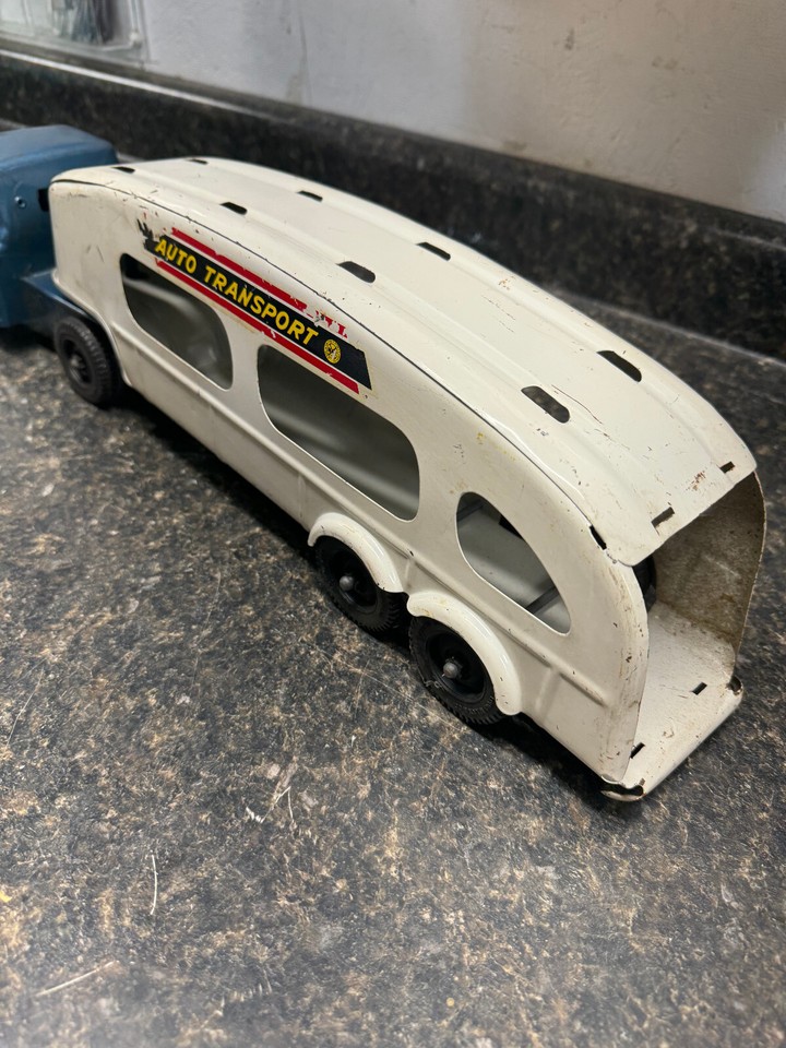 VINTAGE BLUE MARX 50'S AUTO TRANSPORT CAR HAULER TRUCK PRESSED STEEL eBay