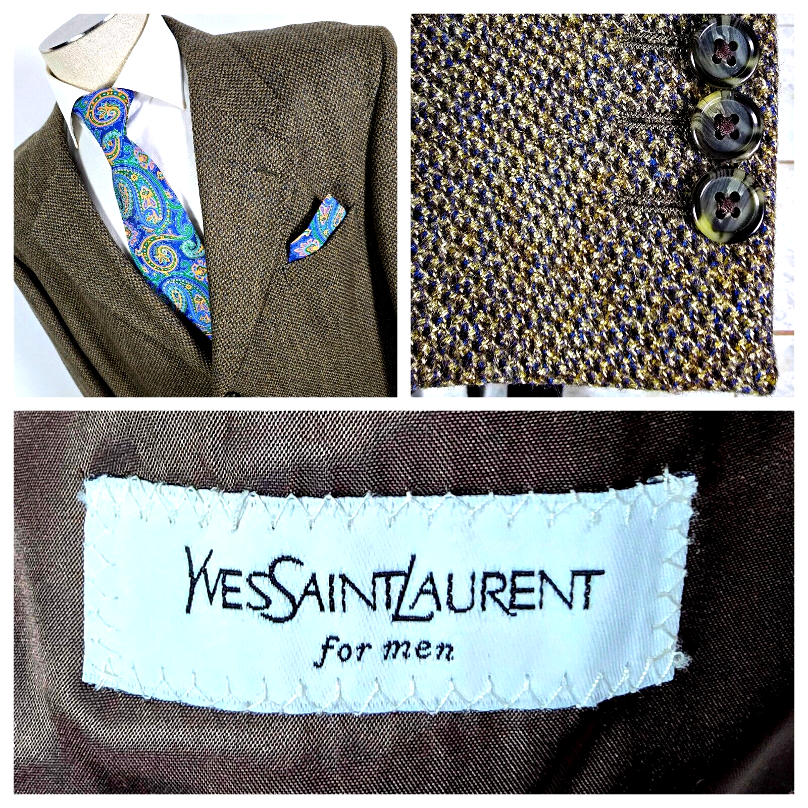 Cappotto sportivo YVES SAINT LAURENT peggiorato lana tweed marrone modello scala 46 lungo