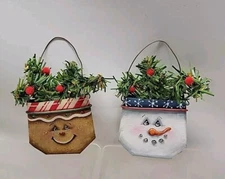 2009 Metal Pocket Snowman's Face Artist Designed Christmas Ornaments Set Of 2